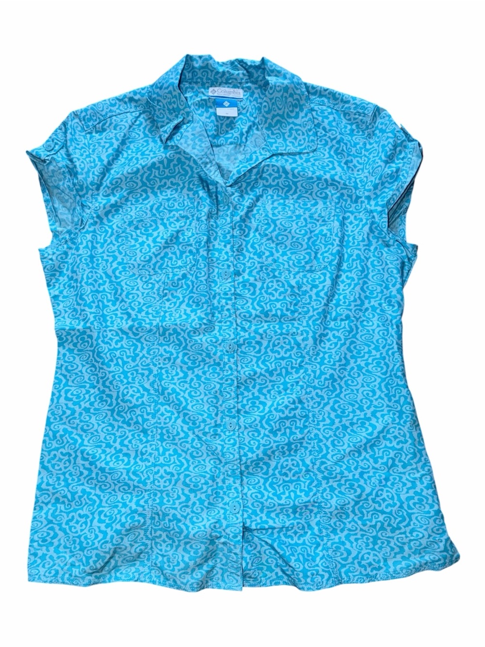 Columbia Sportswear Floral Capped Sleeve Blouse Women’s Size Med Blue & White